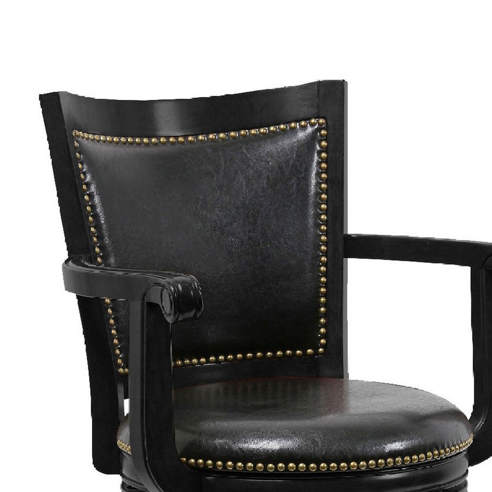 Benjara Hugo 29 Inch 360-Degree Swivel Barstool, Wood, Open Rolled Arms, Black
