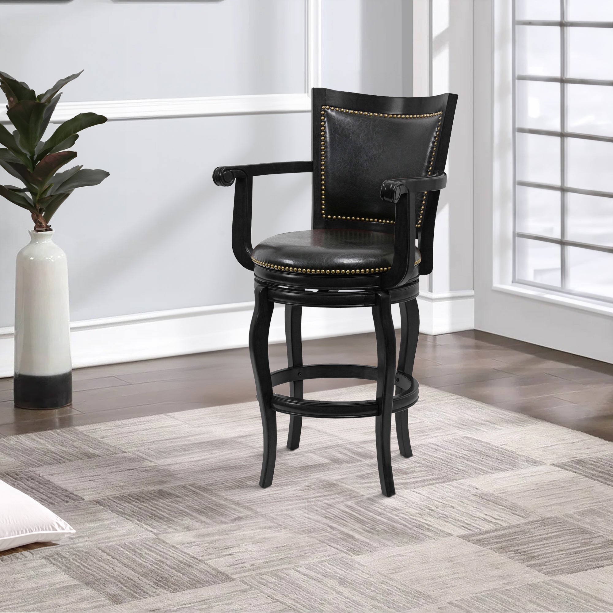 Benjara Hugo 29 Inch 360-Degree Swivel Barstool, Wood, Open Rolled Arms, Black