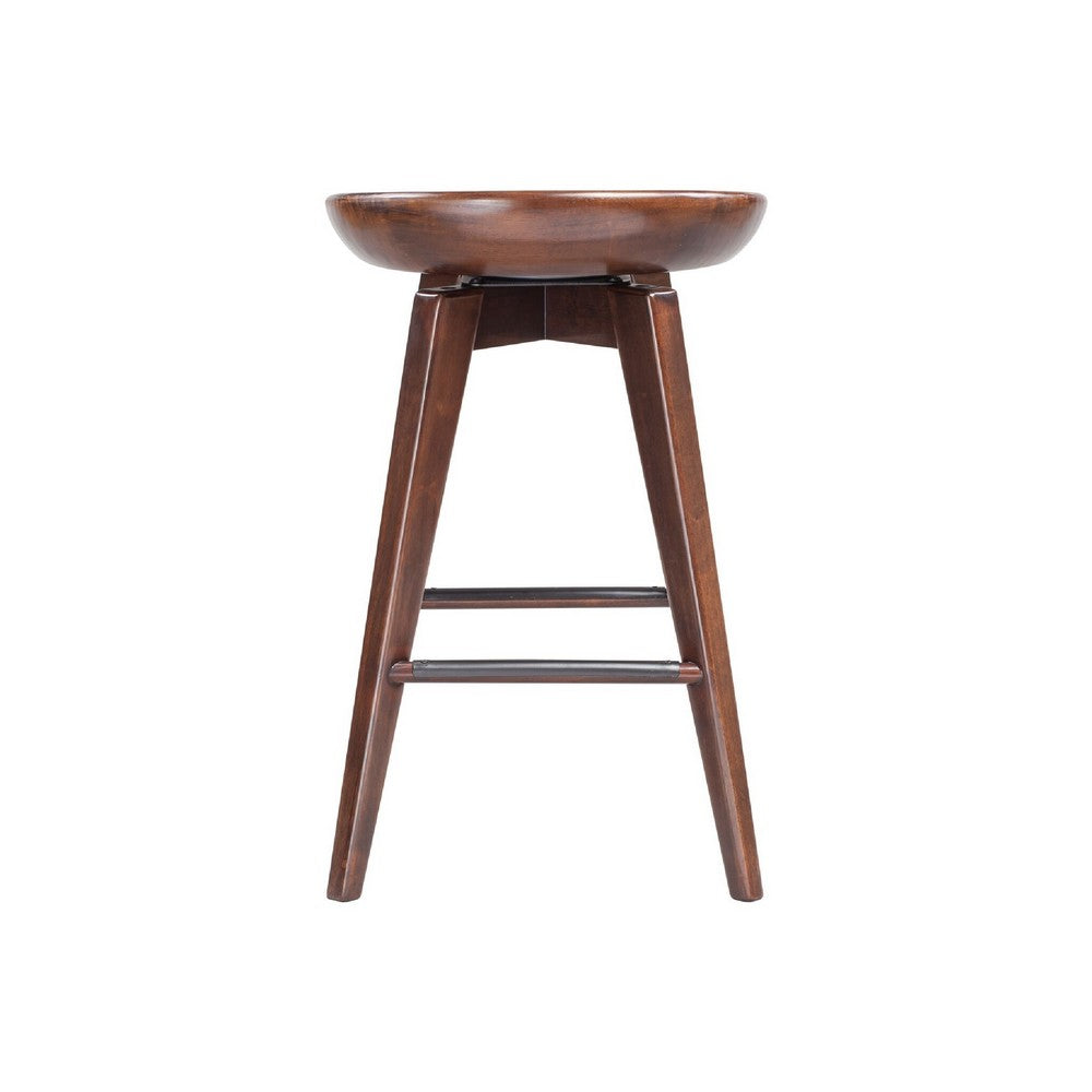 Benjara Esme 24 Inch Swivel Counter Stool, Contour Seat, Wood, Tapered Legs, Brown