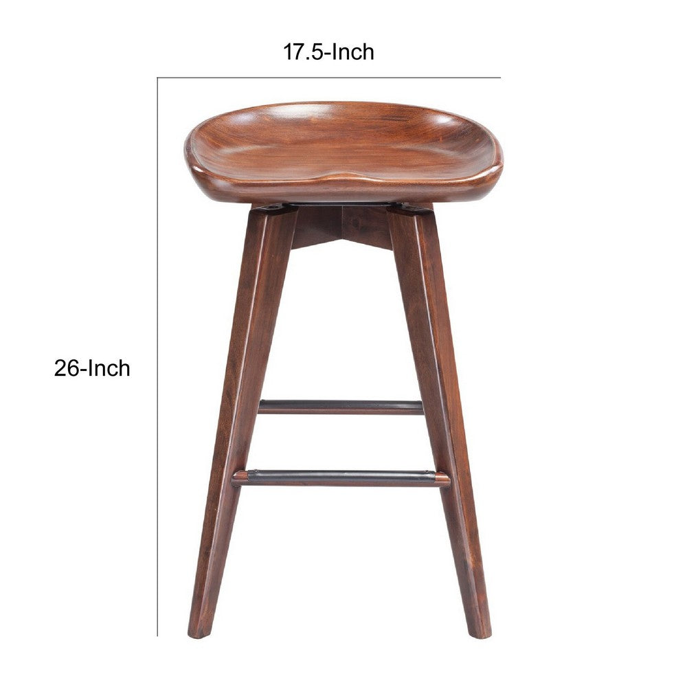 Benjara Esme 24 Inch Swivel Counter Stool, Contour Seat, Wood, Tapered Legs, Brown