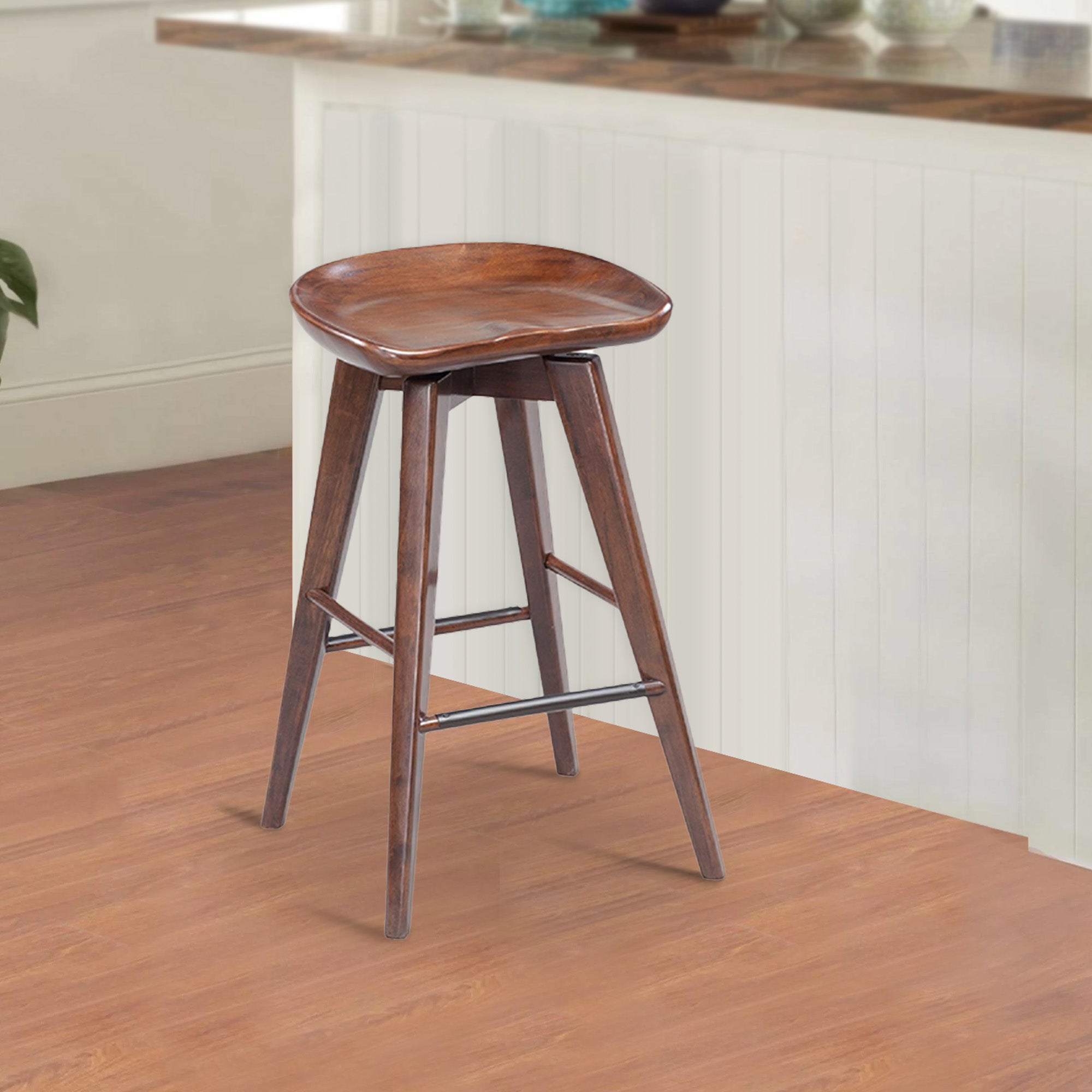 Benjara Esme 24 Inch Swivel Counter Stool, Contour Seat, Wood, Tapered Legs, Brown