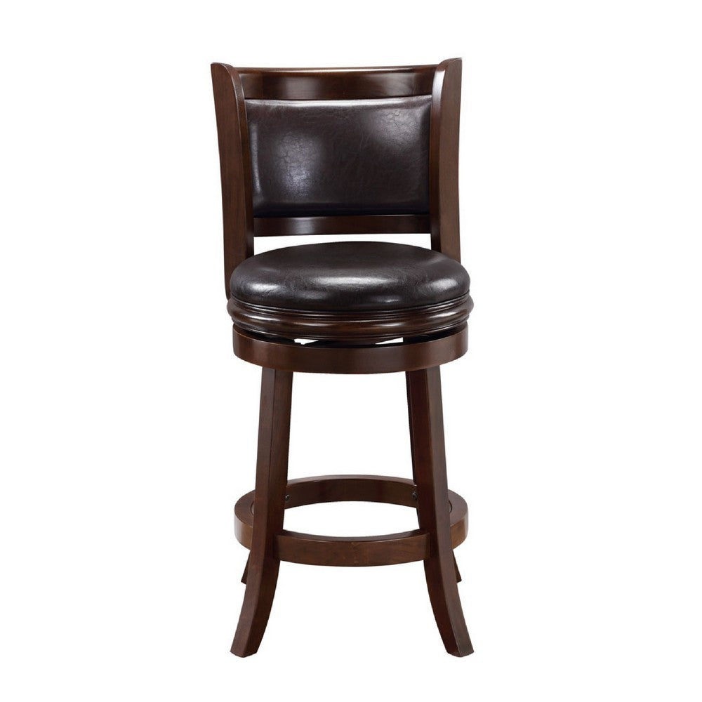 Benjara Pal 24 Inch Swivel Counter Stool, Solid Wood, Faux Leather, Cappuccino Brown