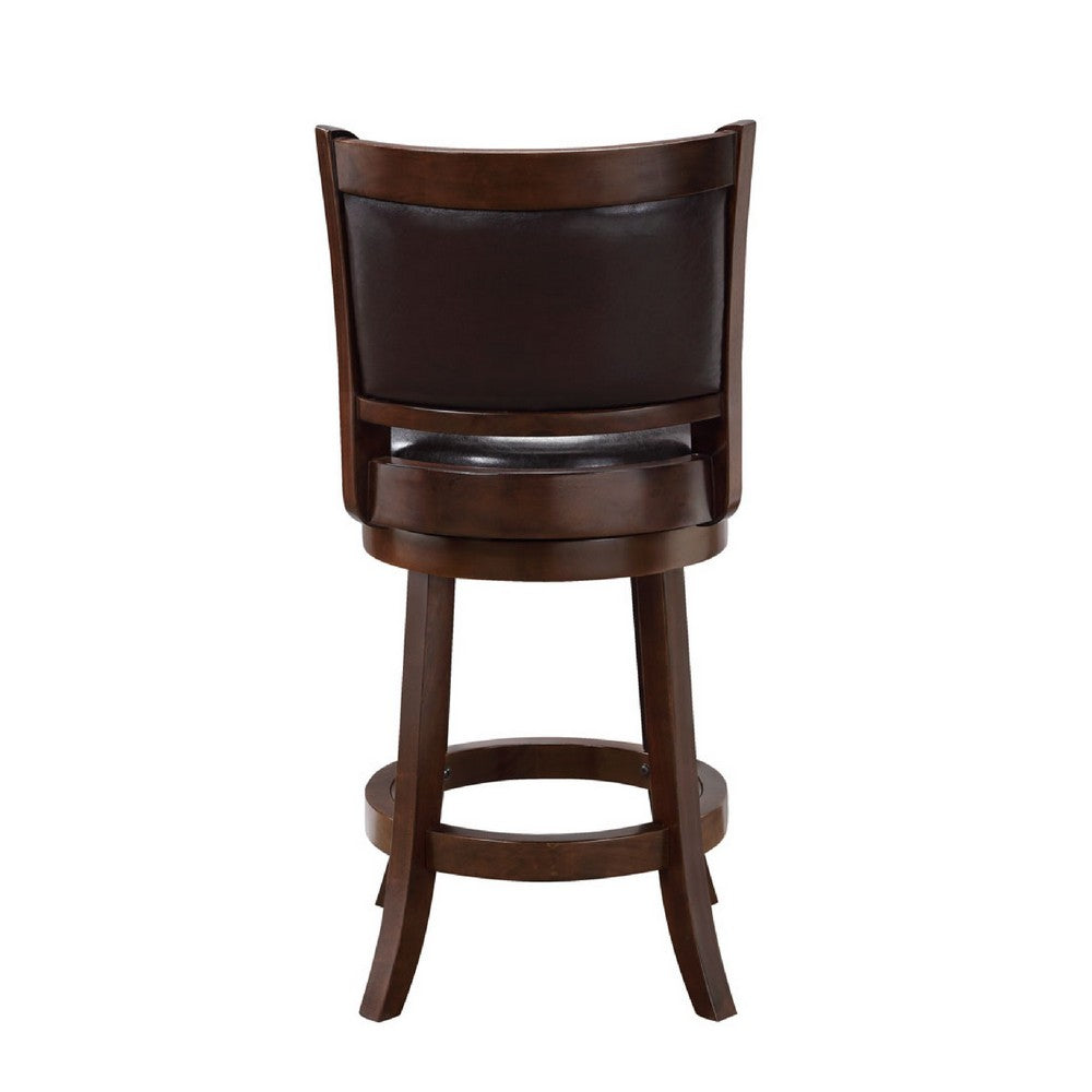 Benjara Pal 24 Inch Swivel Counter Stool, Solid Wood, Faux Leather, Cappuccino Brown
