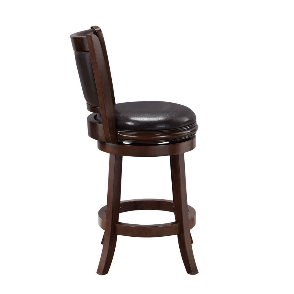 Benjara Pal 24 Inch Swivel Counter Stool, Solid Wood, Faux Leather, Cappuccino Brown