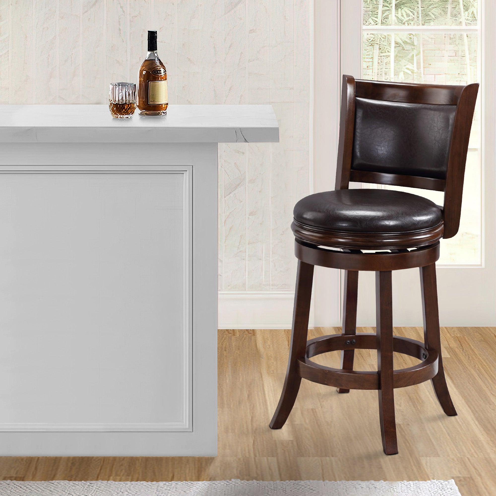 Benjara Pal 24 Inch Swivel Counter Stool, Solid Wood, Faux Leather, Cappuccino Brown