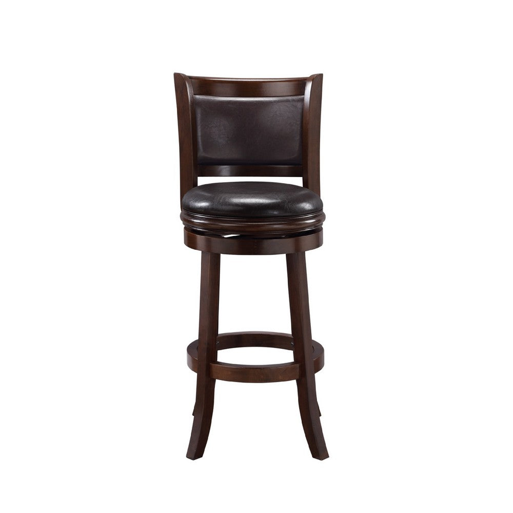 Benjara Pal 29 Inch Swivel Bar Stool, Solid Wood, Rich Faux Leather, Espresso Brown