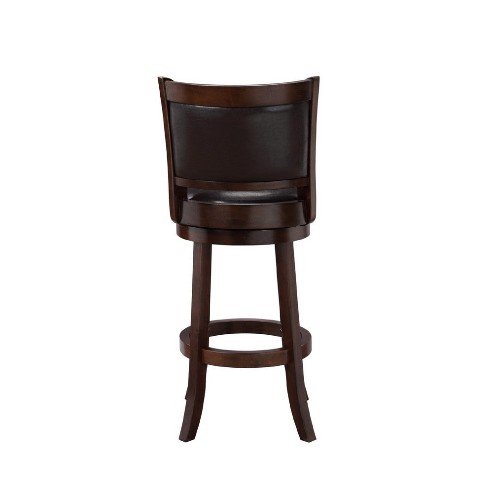 Benjara Pal 29 Inch Swivel Bar Stool, Solid Wood, Rich Faux Leather, Espresso Brown