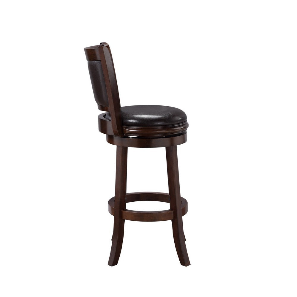 Benjara Pal 29 Inch Swivel Bar Stool, Solid Wood, Rich Faux Leather, Espresso Brown
