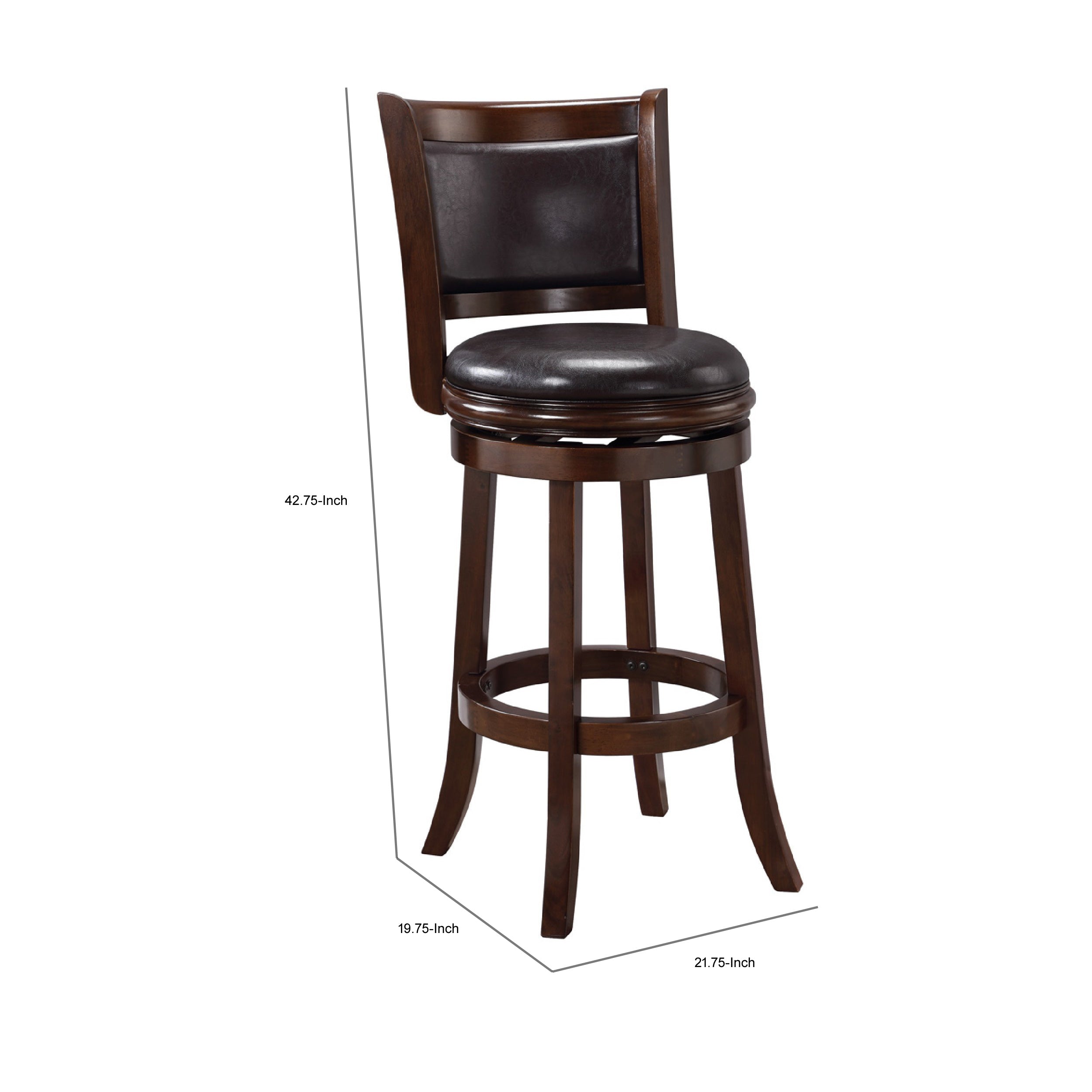 Benjara Pal 29 Inch Swivel Bar Stool, Solid Wood, Rich Faux Leather, Espresso Brown