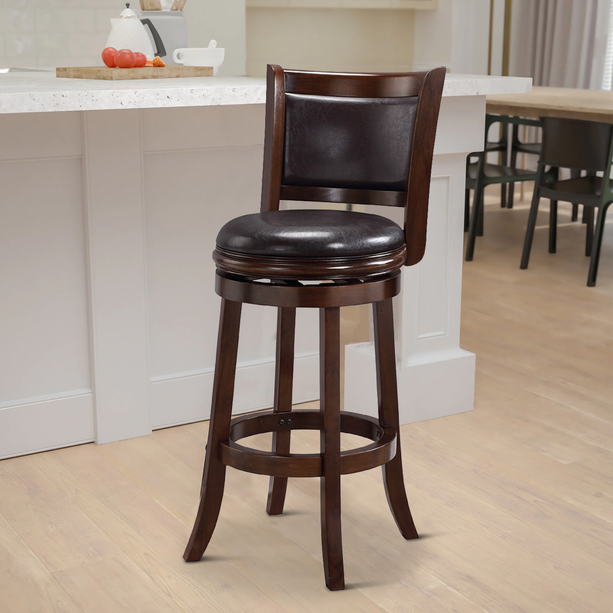 Benjara Pal 29 Inch Swivel Bar Stool, Solid Wood, Rich Faux Leather, Espresso Brown