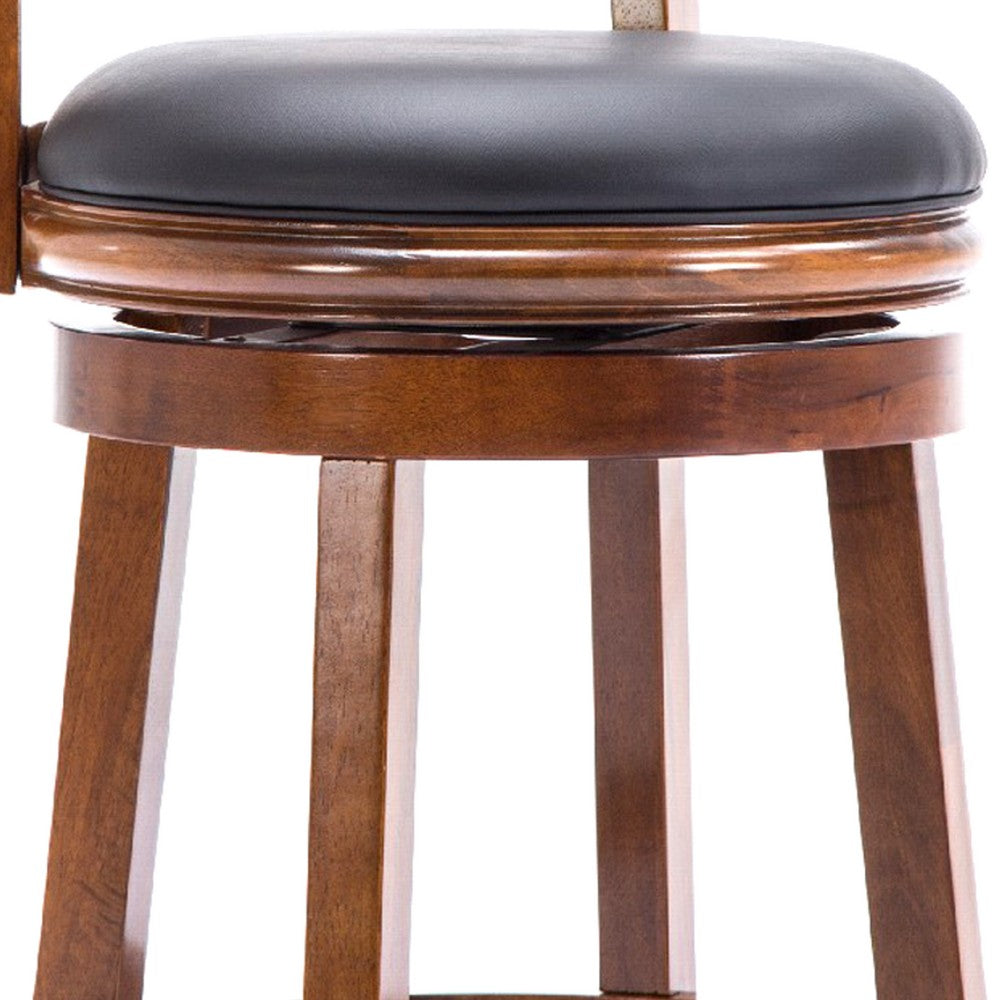 Benjara Pal 24 Inch Swivel Counter Stool, Solid Wood, Bonded Leather, Walnut Brown