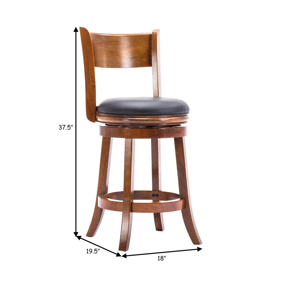 Benjara Pal 24 Inch Swivel Counter Stool, Solid Wood, Bonded Leather, Walnut Brown