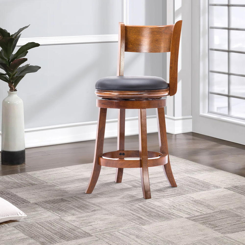 Benjara Pal 24 Inch Swivel Counter Stool, Solid Wood, Bonded Leather, Walnut Brown