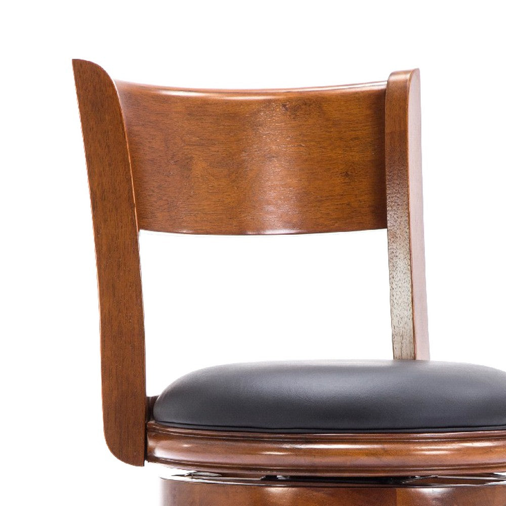 Benjara Pal 29 Inch Swivel Bar Stool, Solid Wood, Bonded Leather, Walnut Brown