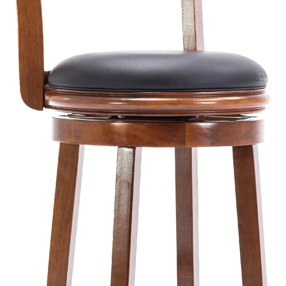 Benjara Pal 29 Inch Swivel Bar Stool, Solid Wood, Bonded Leather, Walnut Brown