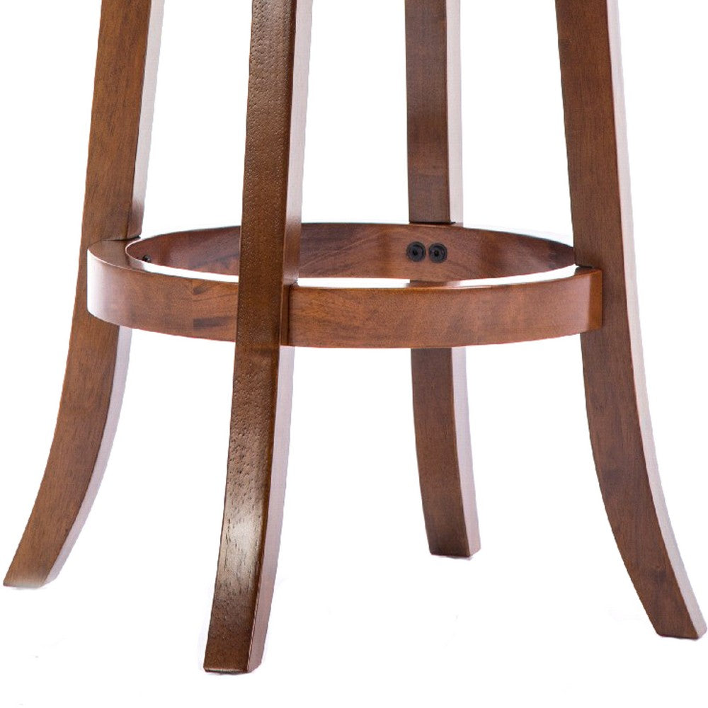 Benjara Pal 29 Inch Swivel Bar Stool, Solid Wood, Bonded Leather, Walnut Brown