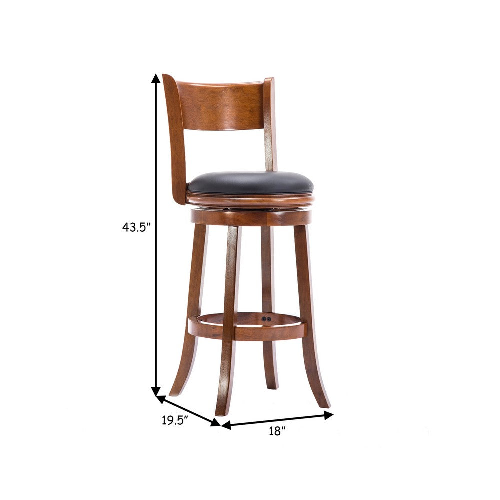 Benjara Pal 29 Inch Swivel Bar Stool, Solid Wood, Bonded Leather, Walnut Brown