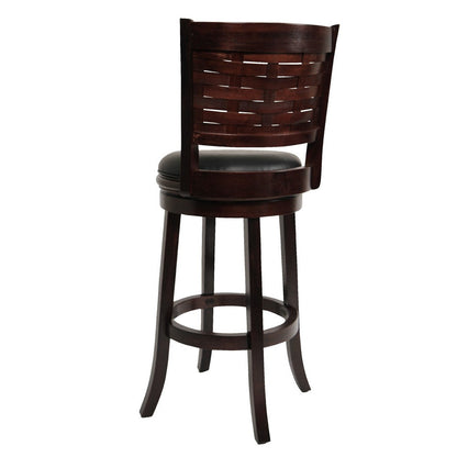 Benjara Kim 29 Inch Swivel Bar Stool, Solid Wood, Bonded Leather, Espresso, Black