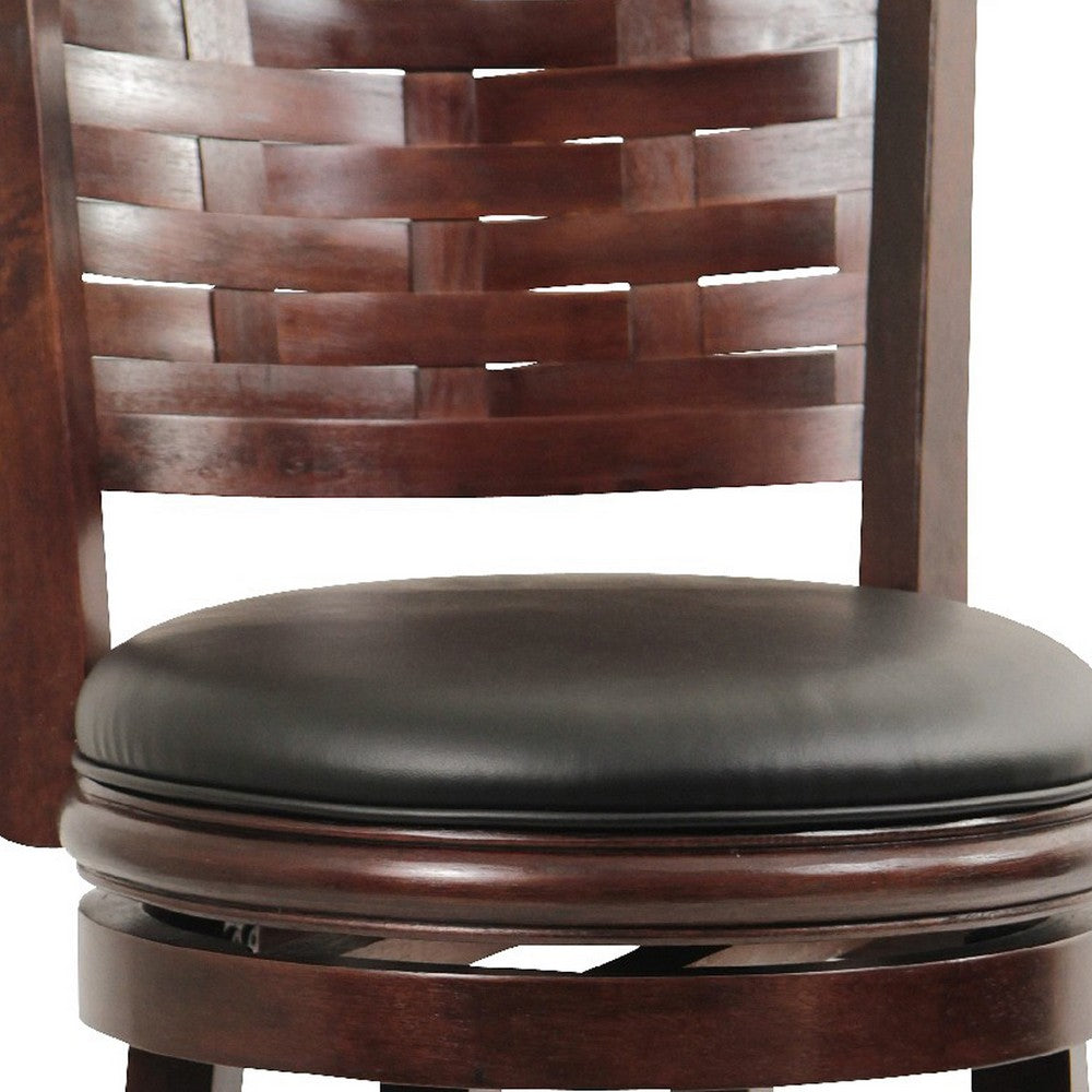 Benjara Kim 29 Inch Swivel Bar Stool, Solid Wood, Bonded Leather, Espresso, Black
