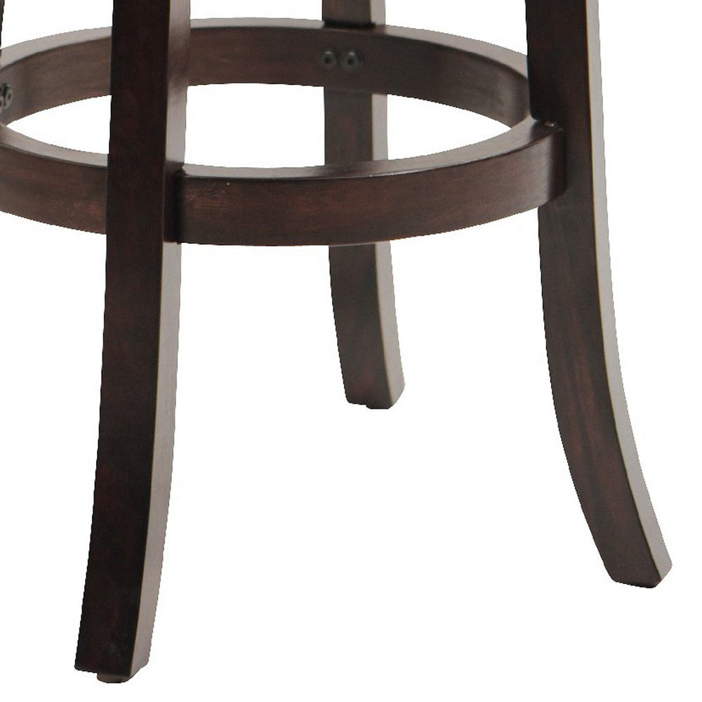 Benjara Kim 29 Inch Swivel Bar Stool, Solid Wood, Bonded Leather, Espresso, Black