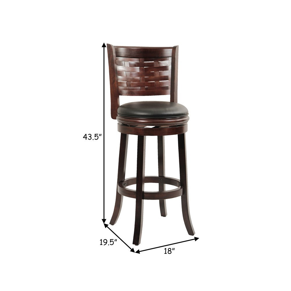 Benjara Kim 29 Inch Swivel Bar Stool, Solid Wood, Bonded Leather, Espresso, Black