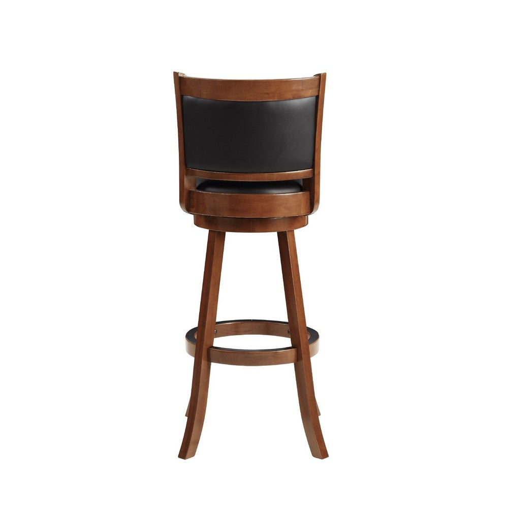 Benjara Pio 34 Inch Extra Tall Swivel Bar Stool, Wood, Faux Leather, Cherry Brown