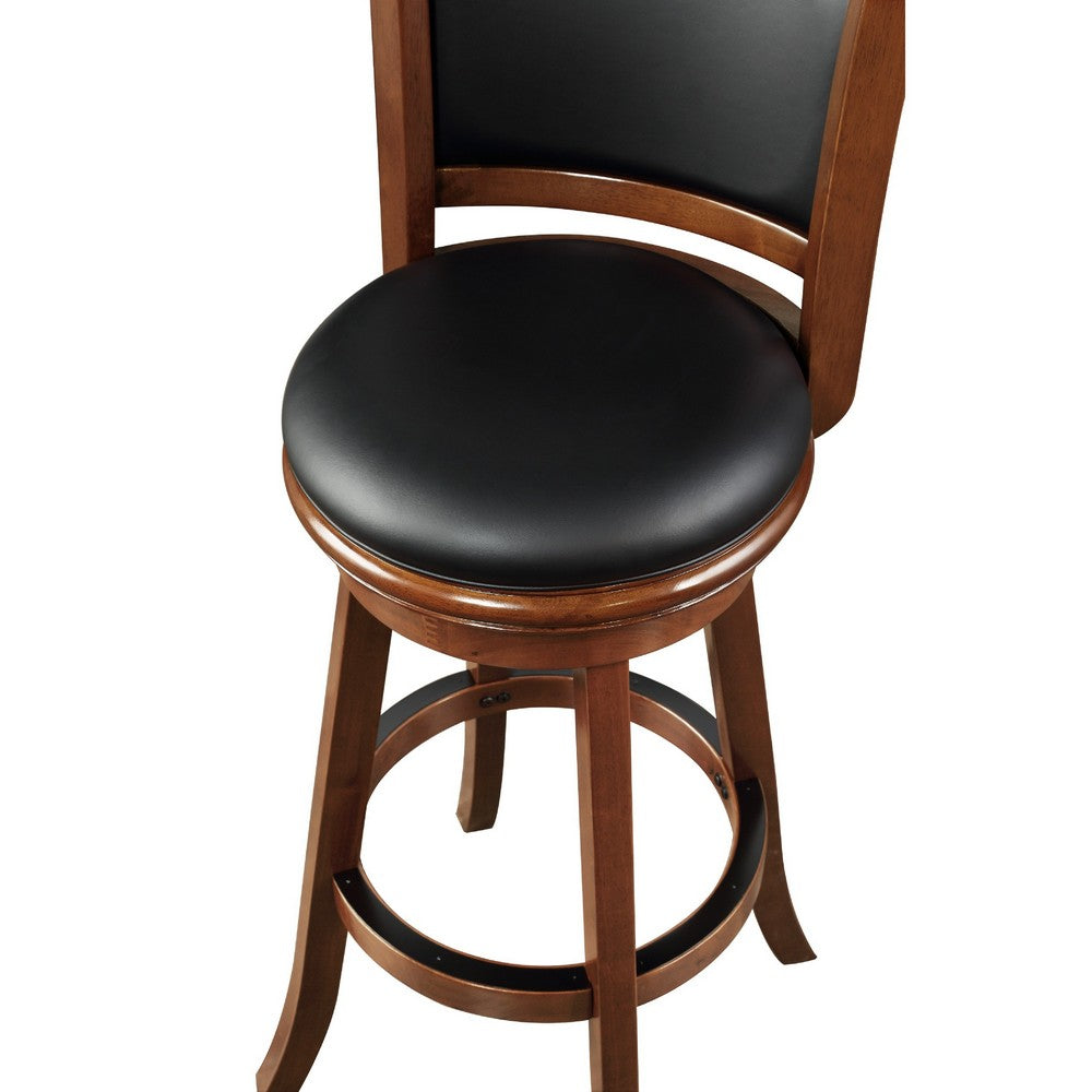 Benjara Pio 34 Inch Extra Tall Swivel Bar Stool, Wood, Faux Leather, Cherry Brown