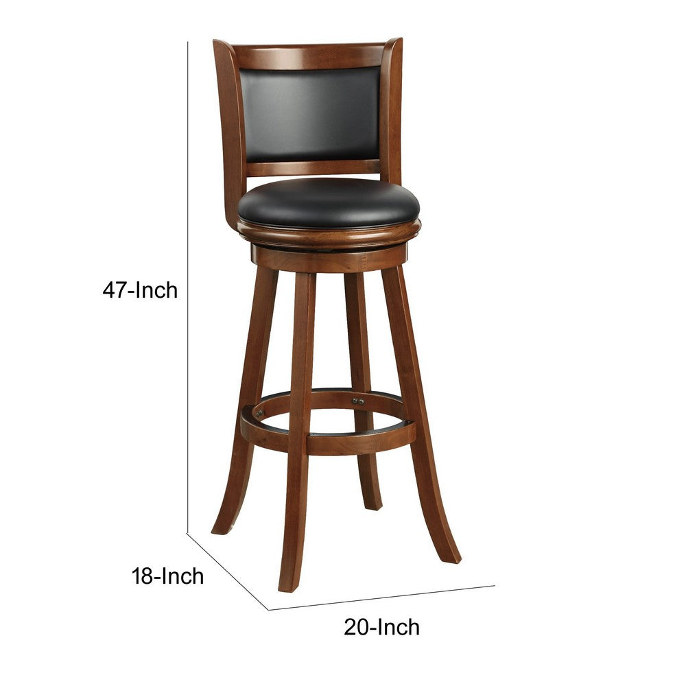 Benjara Pio 34 Inch Extra Tall Swivel Bar Stool, Wood, Faux Leather, Cherry Brown