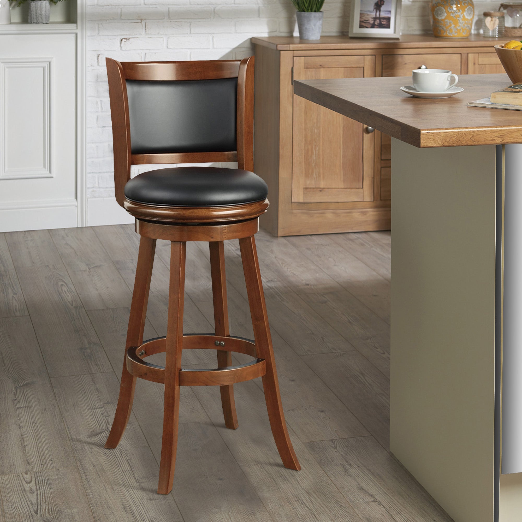 Benjara Pio 34 Inch Extra Tall Swivel Bar Stool, Wood, Faux Leather, Cherry Brown