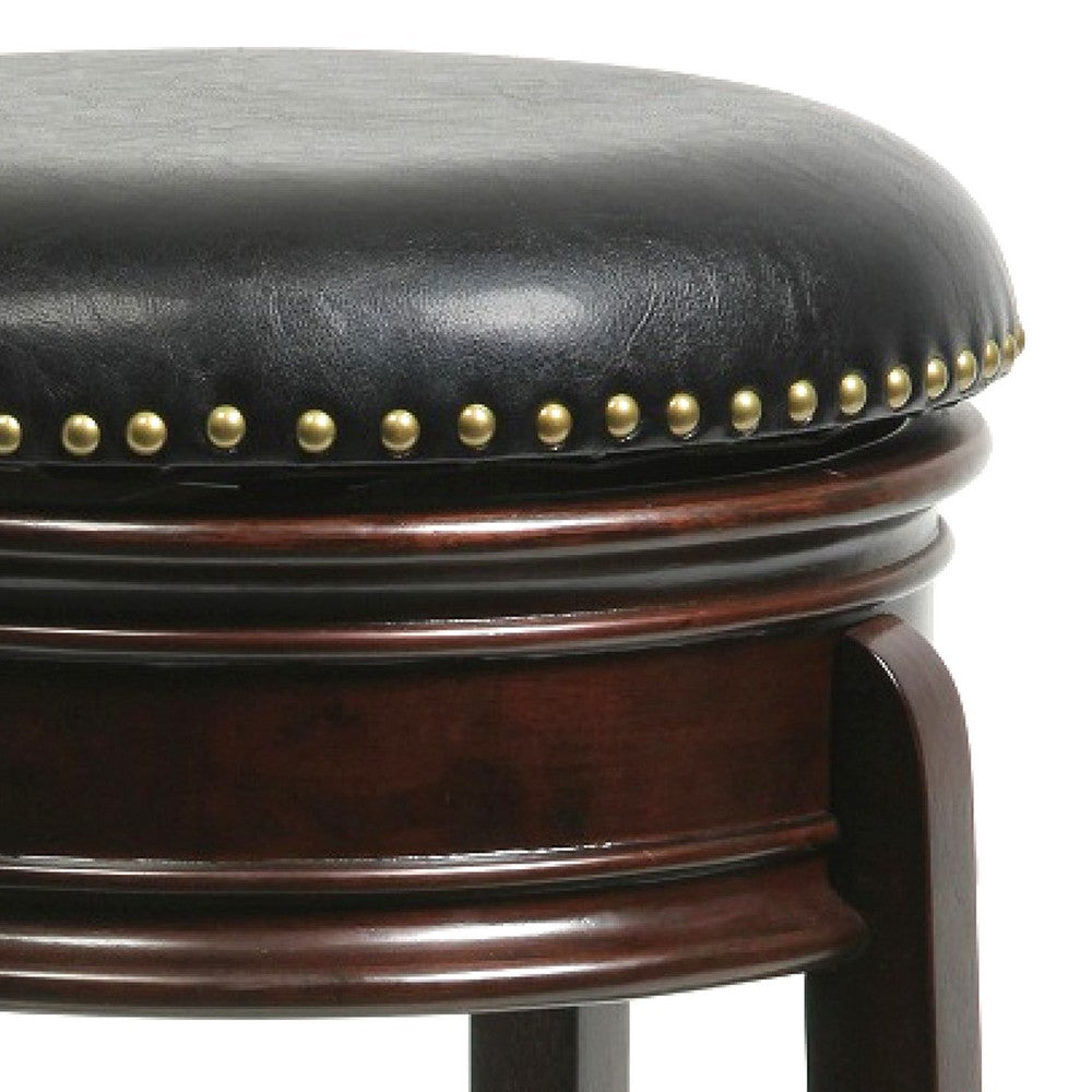 Benjara Sabi 24 inch Swivel Counter Stool, Solid Wood, Faux Leather, Cappuccino, Brown