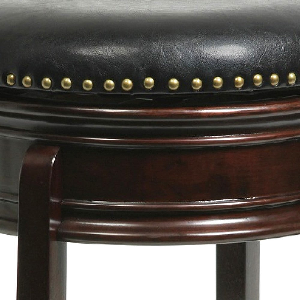 Benjara Sabi 24 inch Swivel Counter Stool, Solid Wood, Faux Leather, Cappuccino, Brown