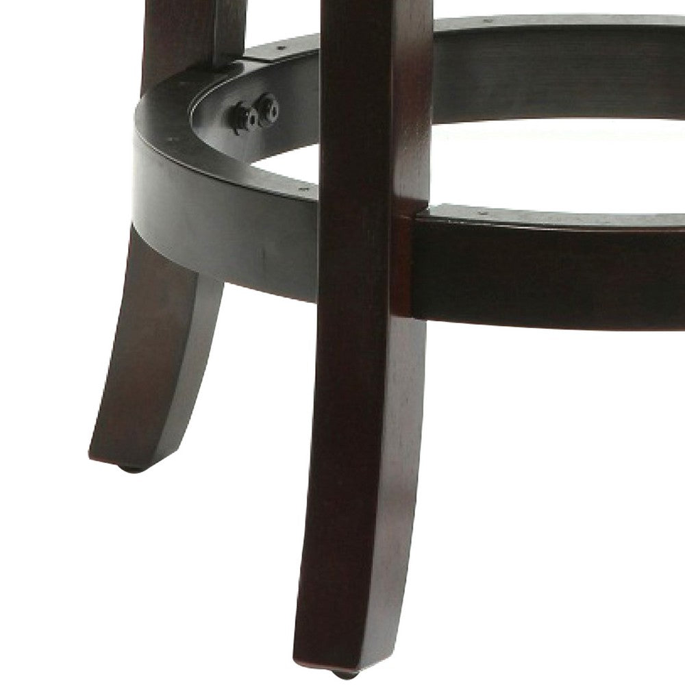 Benjara Sabi 24 inch Swivel Counter Stool, Solid Wood, Faux Leather, Cappuccino, Brown