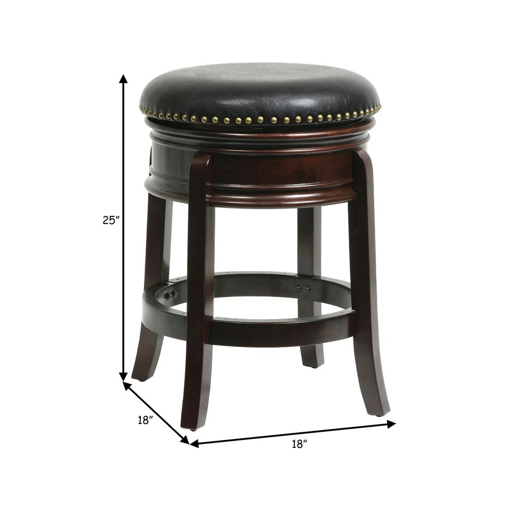 Benjara Sabi 24 inch Swivel Counter Stool, Solid Wood, Faux Leather, Cappuccino, Brown