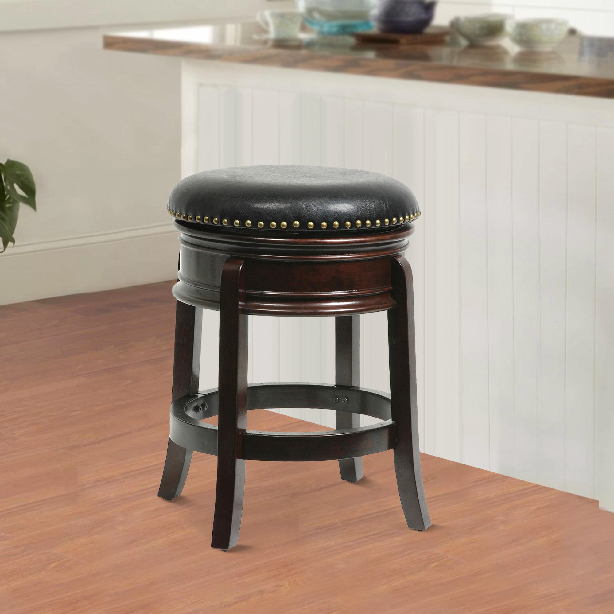Benjara Sabi 24 inch Swivel Counter Stool, Solid Wood, Faux Leather, Cappuccino, Brown