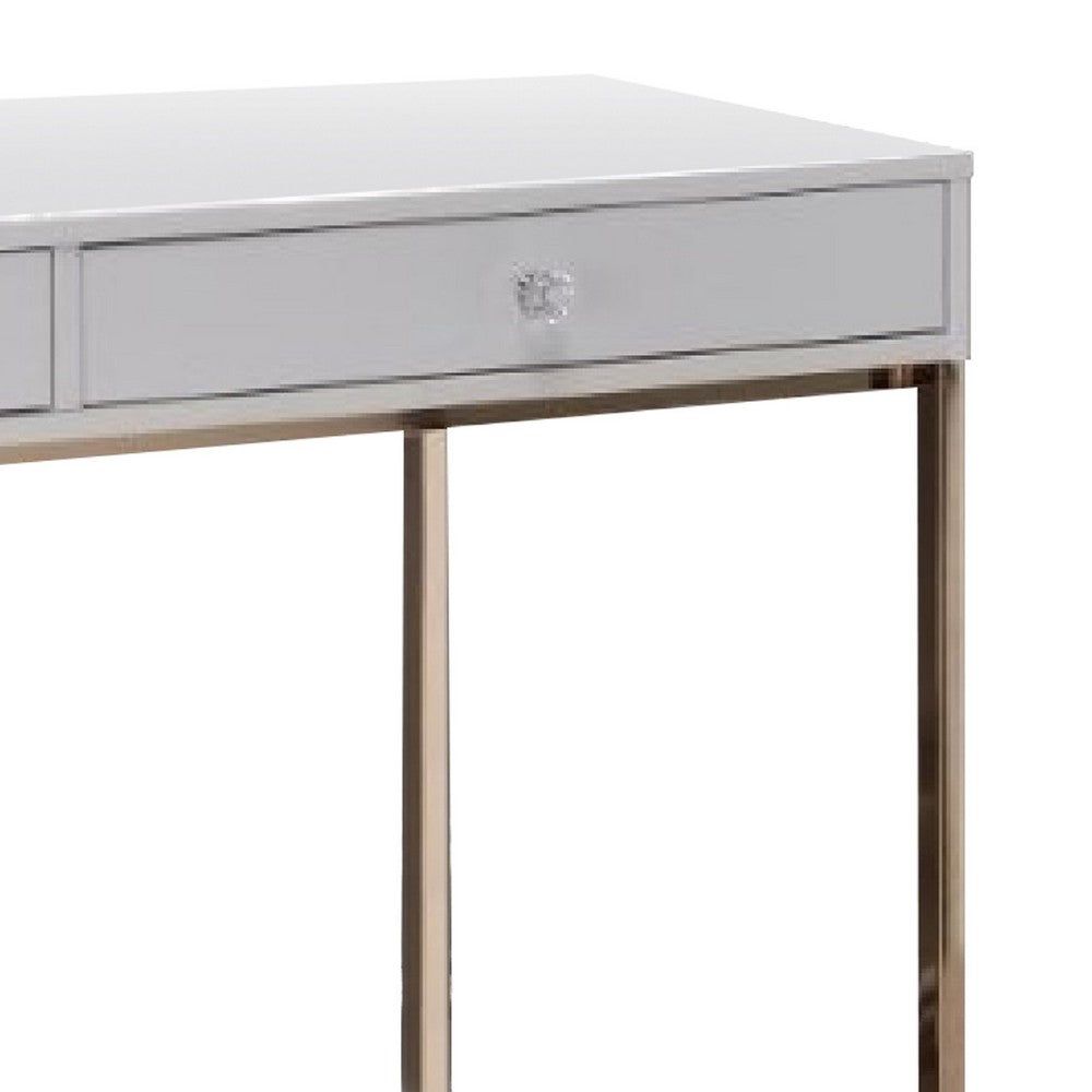 Benjara 47 Inch Desk Console Table, 2 Drawers, Metal Frame, White, Gold