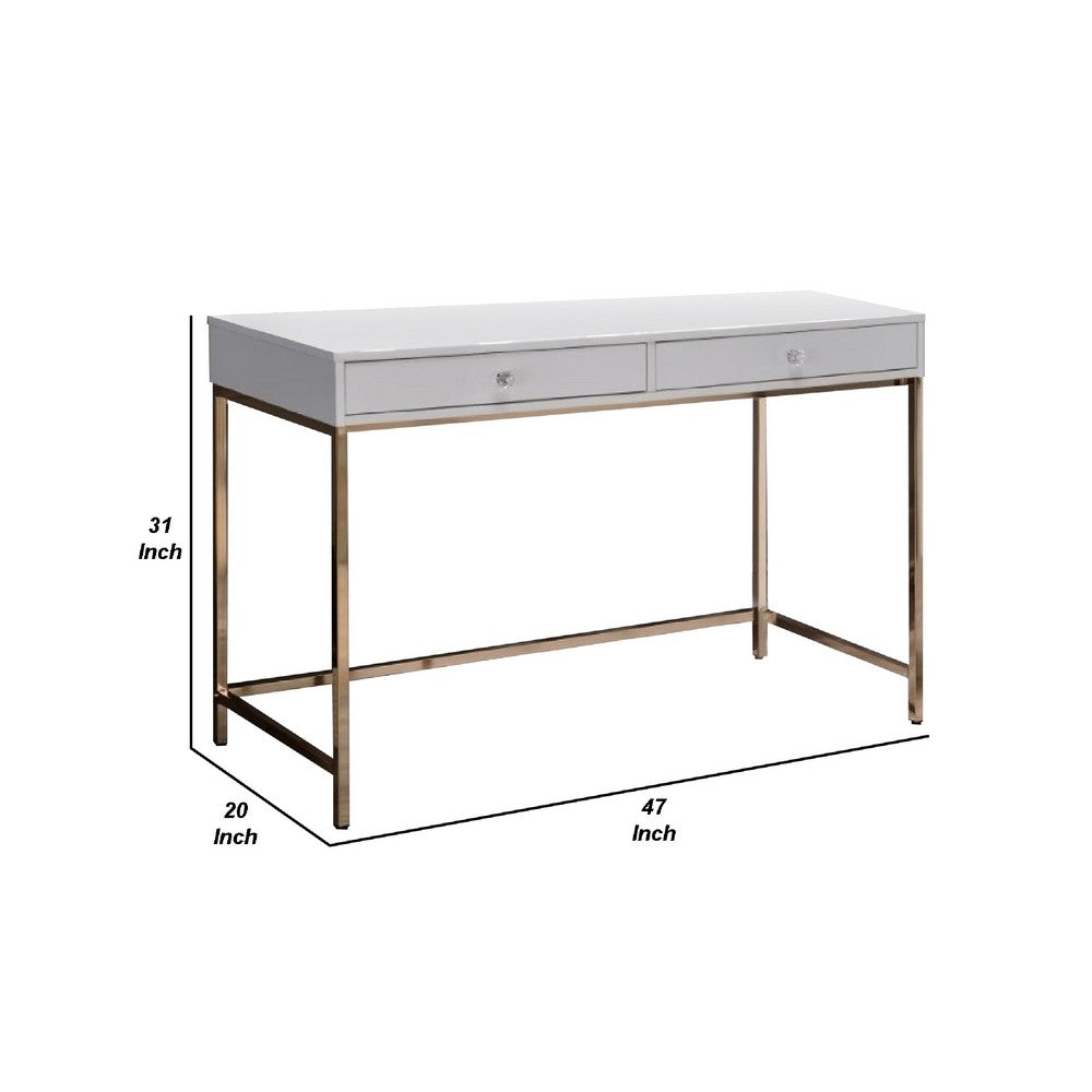 Benjara 47 Inch Desk Console Table, 2 Drawers, Metal Frame, White, Gold