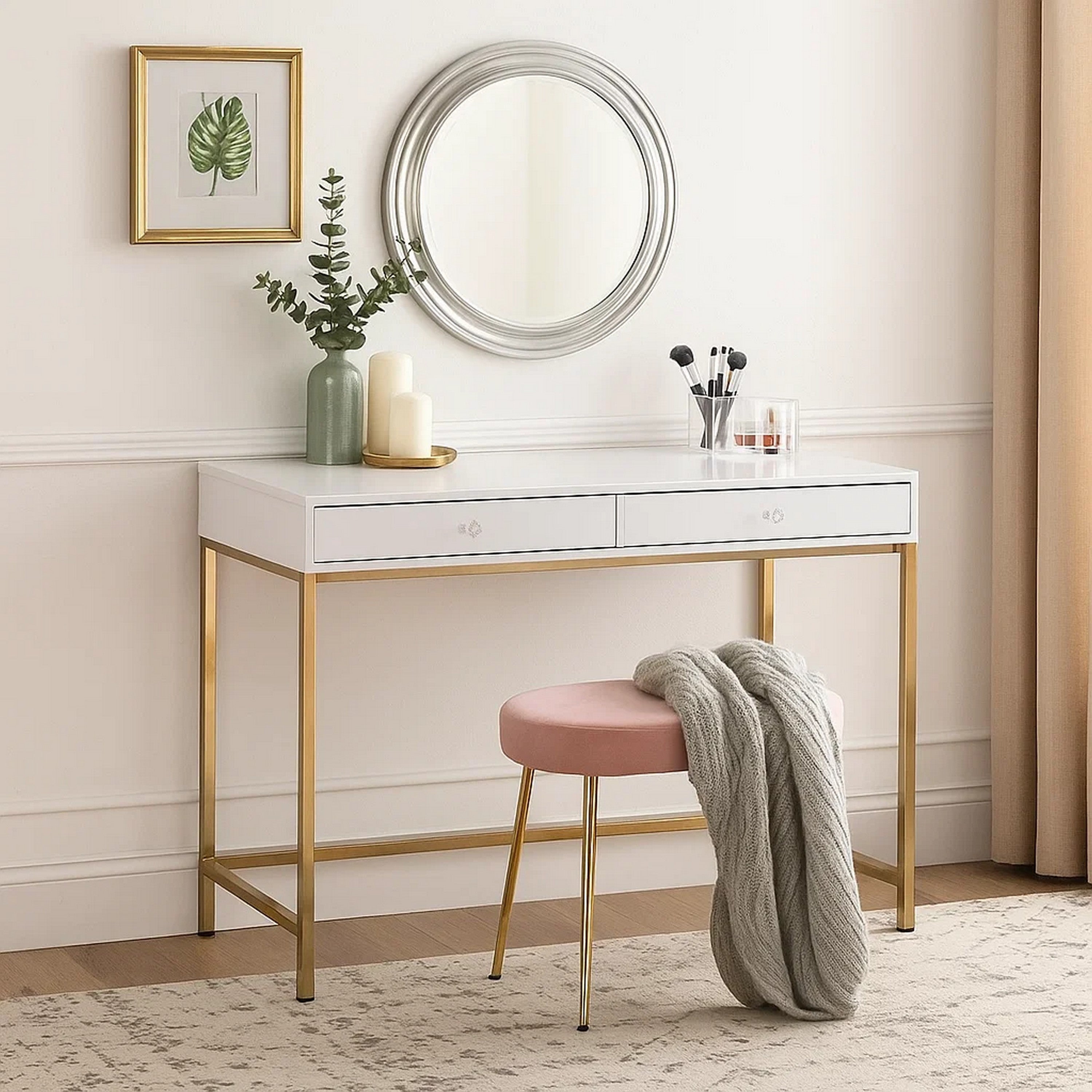 Benjara 47 Inch Desk Console Table, 2 Drawers, Metal Frame, White, Gold