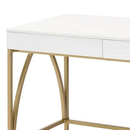 Benjara 50 Inch Desk Console Table, 2 Drawers, Metal Inverted U Frame, White, Gold