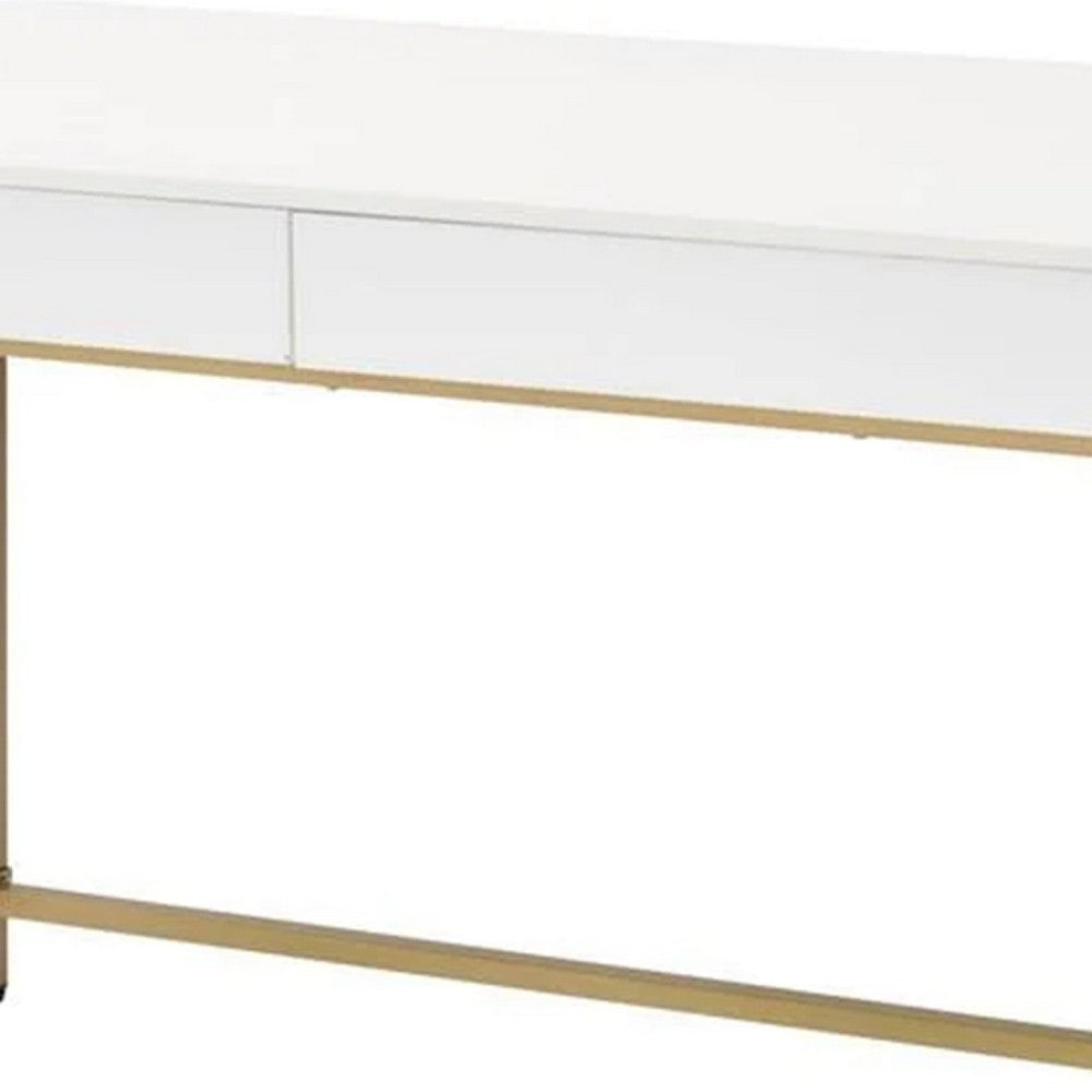 Benjara 50 Inch Desk Console Table, 2 Drawers, Metal Inverted U Frame, White, Gold
