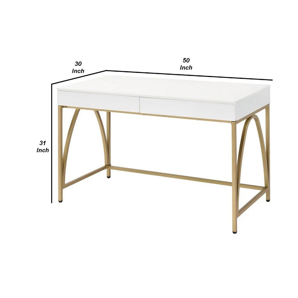 Benjara 50 Inch Desk Console Table, 2 Drawers, Metal Inverted U Frame, White, Gold
