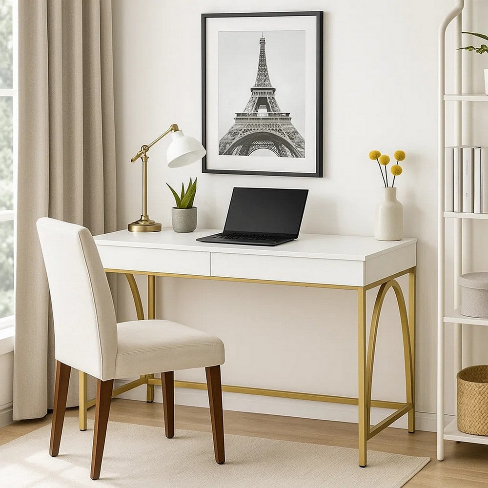 Benjara 50 Inch Desk Console Table, 2 Drawers, Metal Inverted U Frame, White, Gold