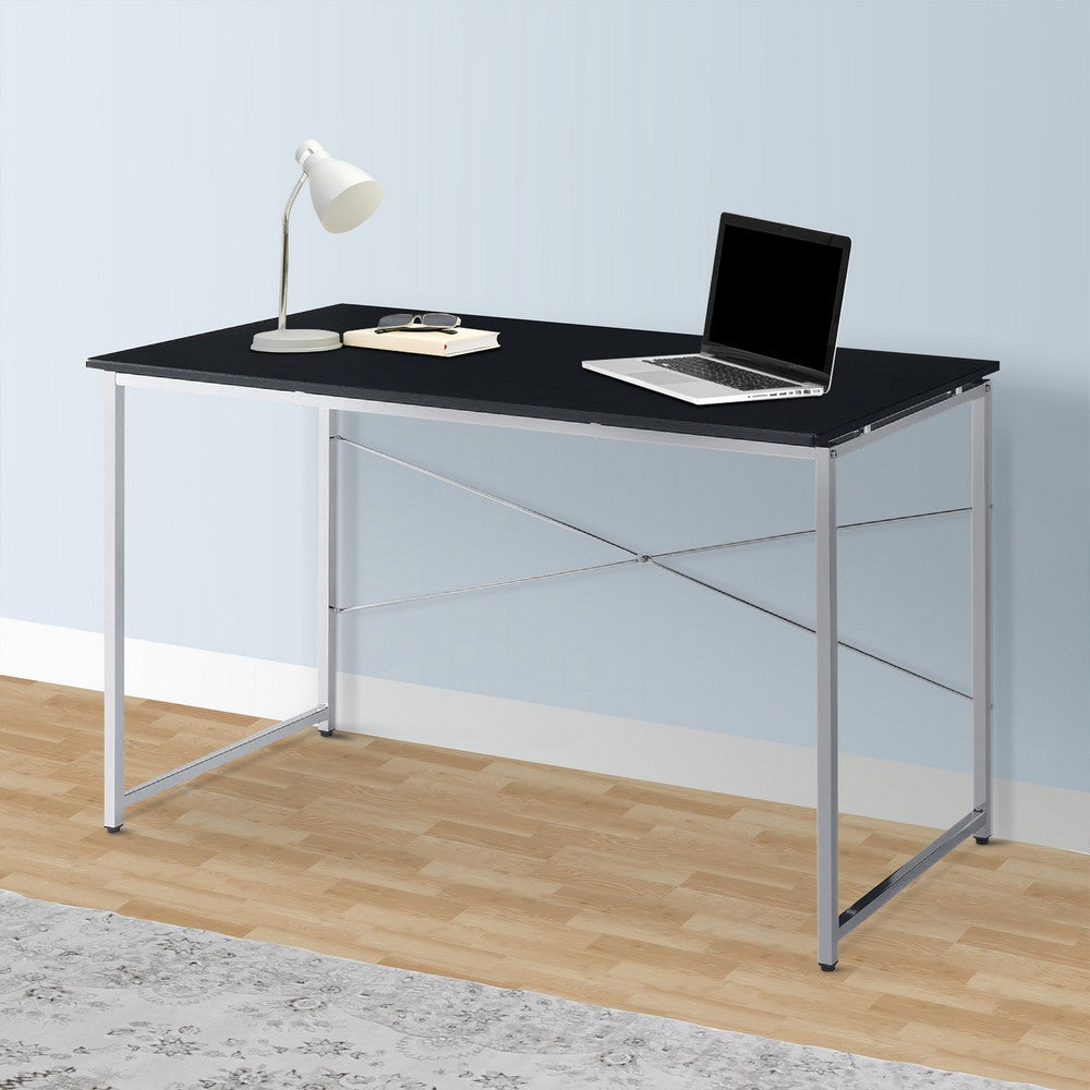 Benjara Mayo 47 Inch Rectangular Desk Console Table, Crossed Bars, Black, Chrome