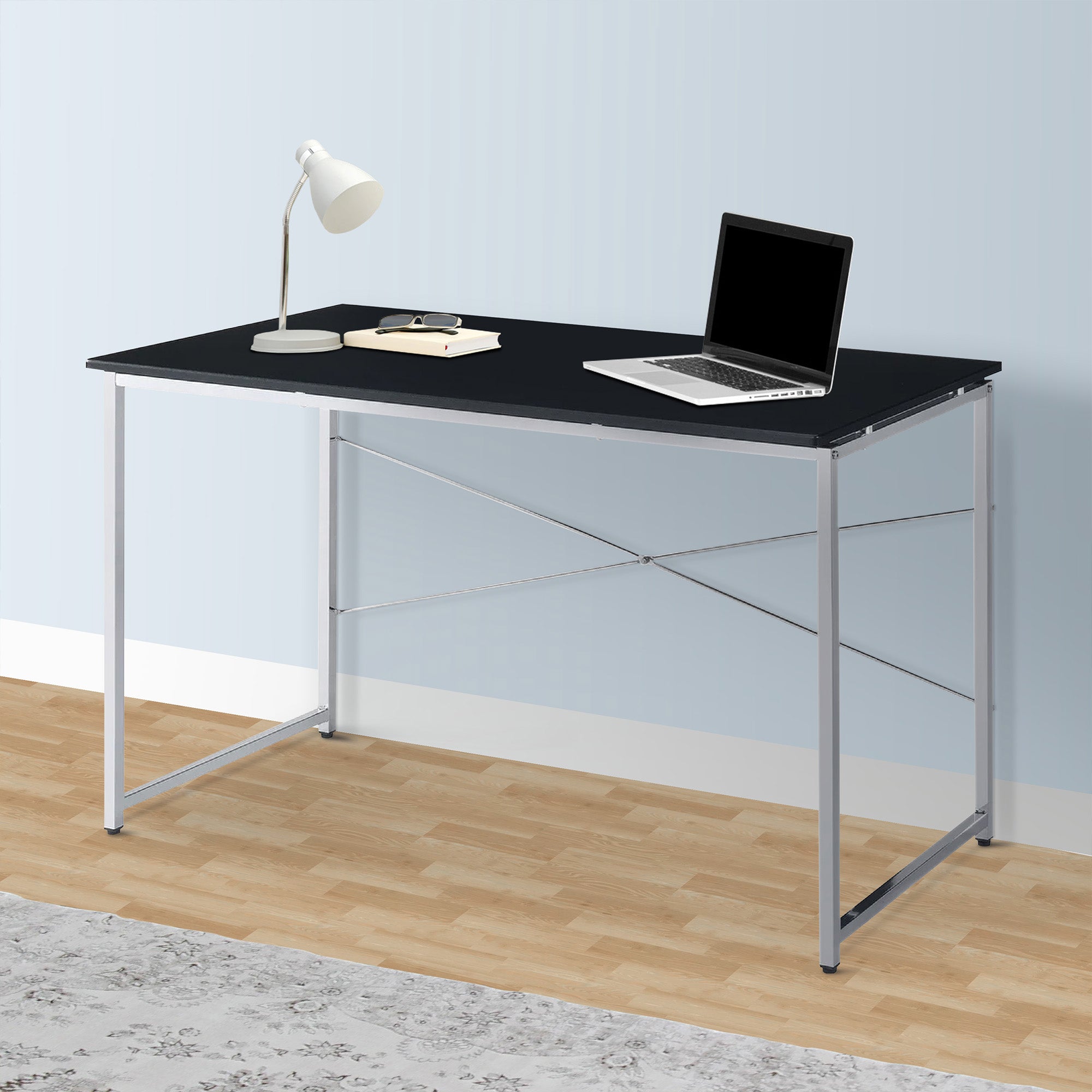 Benjara Mayo 47 Inch Rectangular Desk Console Table, Crossed Bars, Black, Chrome