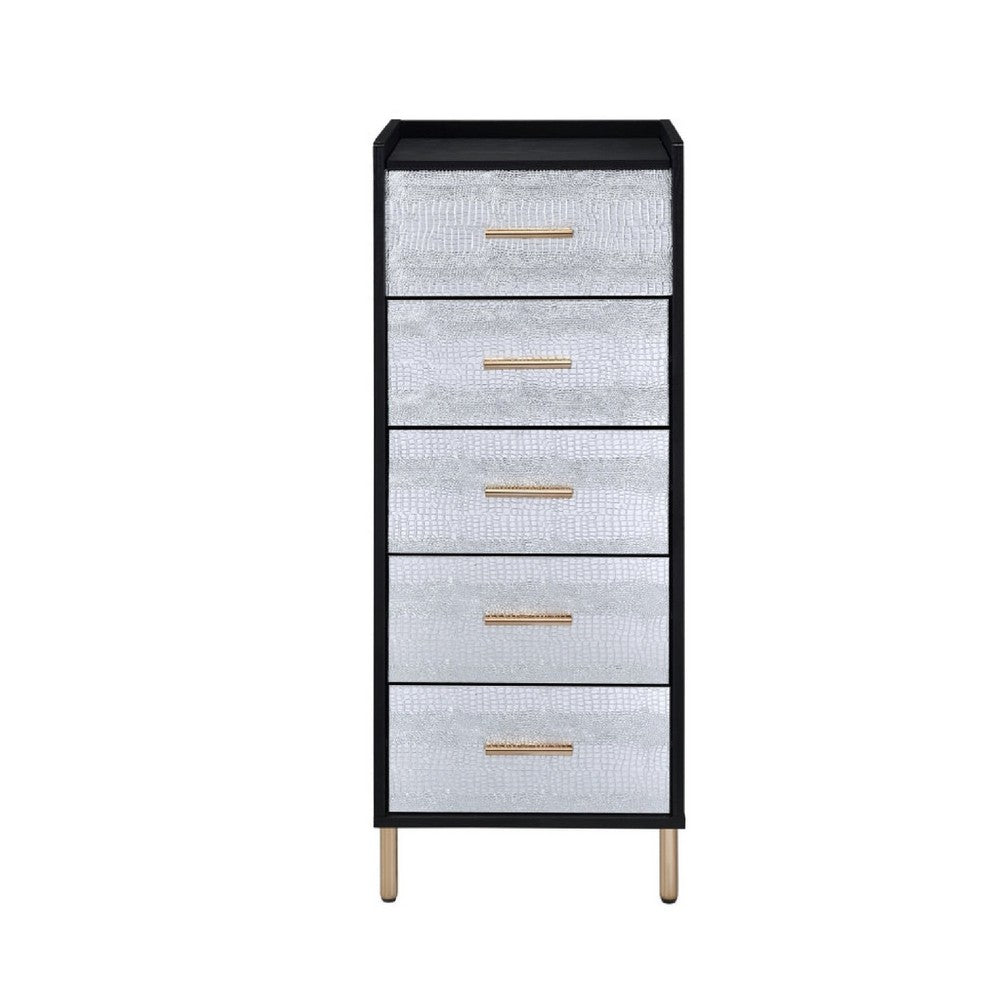Benjara San 45 Inch 5 Drawer Jewelry Storage Chest, Gold Legs, Black And Silver