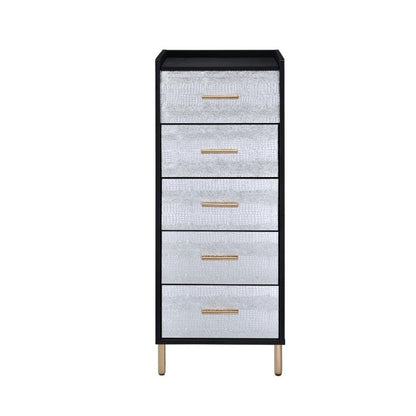 Benjara San 45 Inch 5 Drawer Jewelry Storage Chest, Gold Legs, Black And Silver