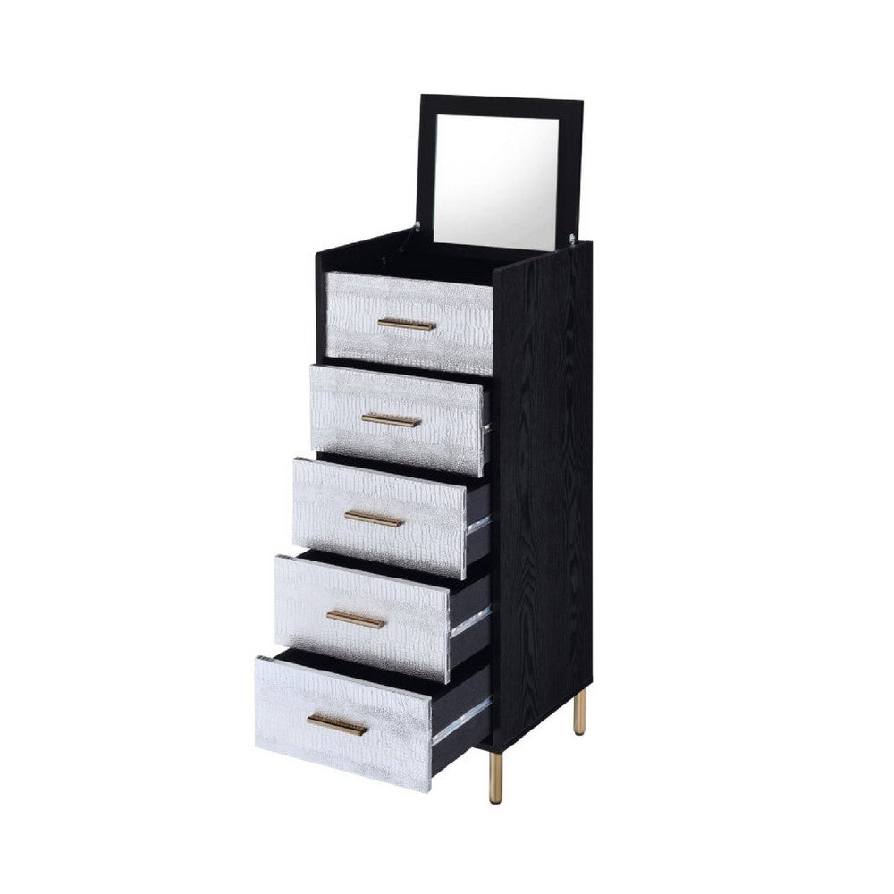 Benjara San 45 Inch 5 Drawer Jewelry Storage Chest, Gold Legs, Black And Silver