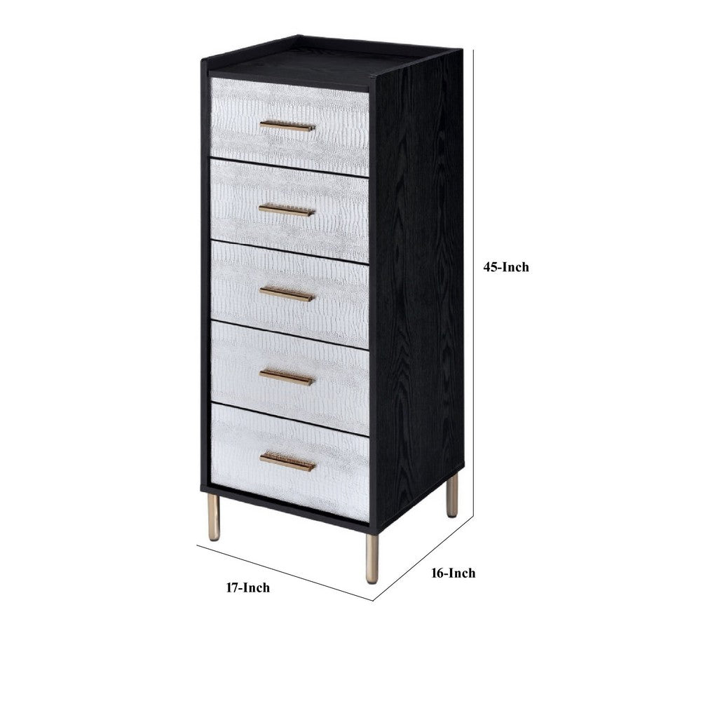 Benjara San 45 Inch 5 Drawer Jewelry Storage Chest, Gold Legs, Black And Silver