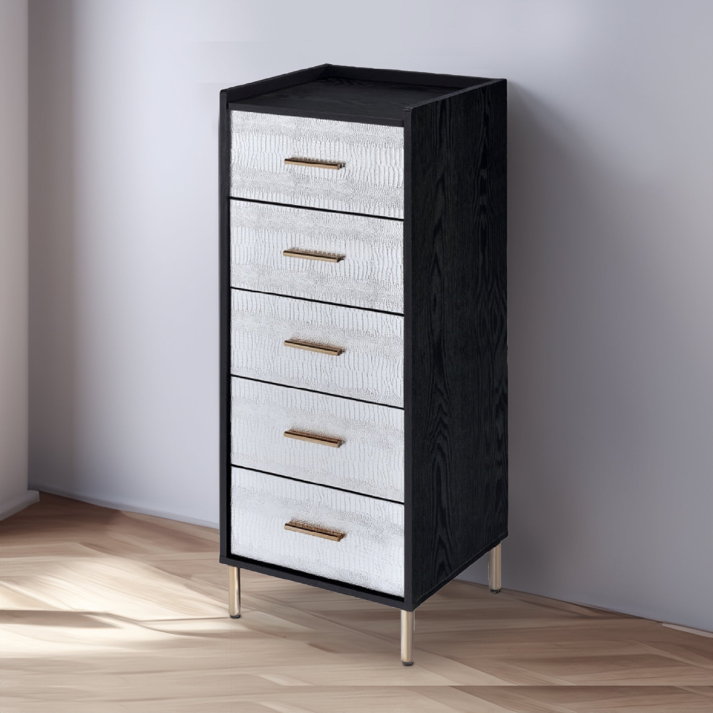 Benjara San 45 Inch 5 Drawer Jewelry Storage Chest, Gold Legs, Black And Silver