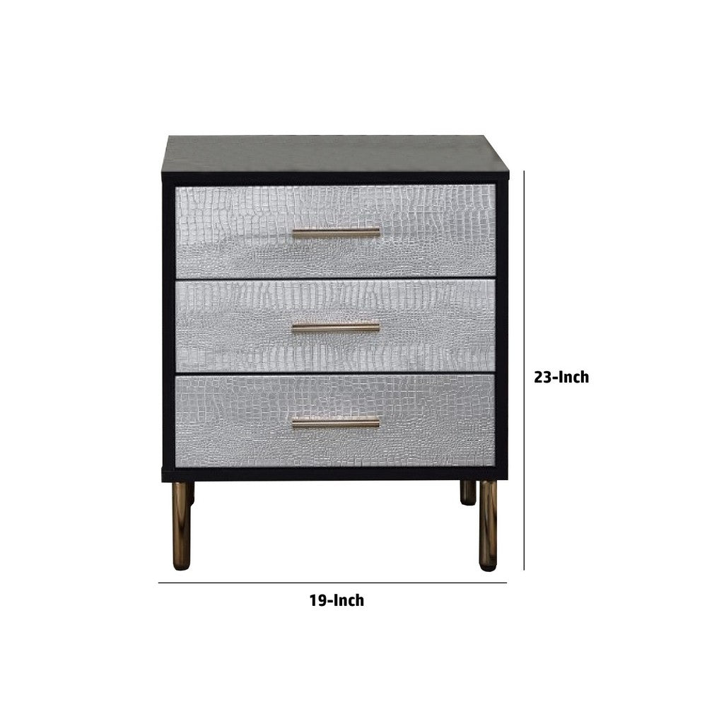 Benjara San 19 Inch Glamorous Style Nightstand, 3 Drawers, Black, Silver, Gold