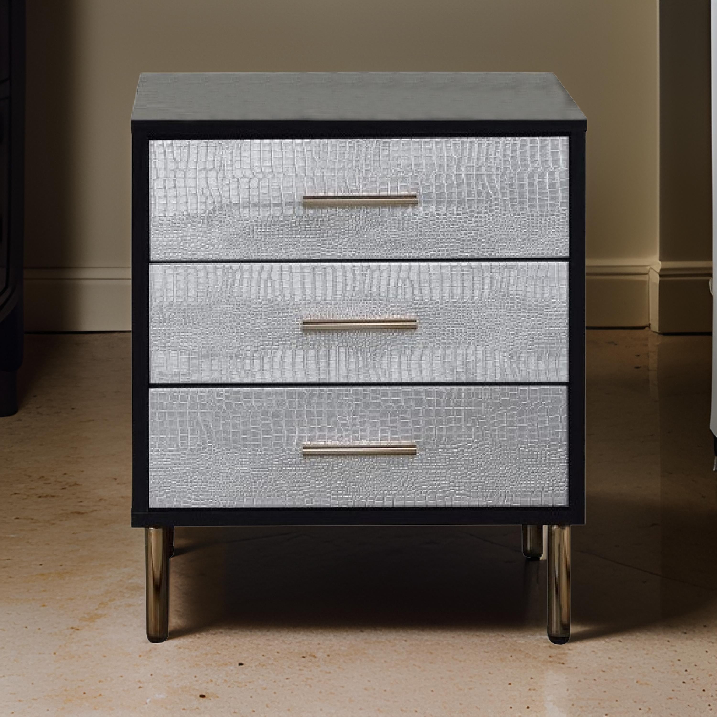 Benjara San 19 Inch Glamorous Style Nightstand, 3 Drawers, Black, Silver, Gold